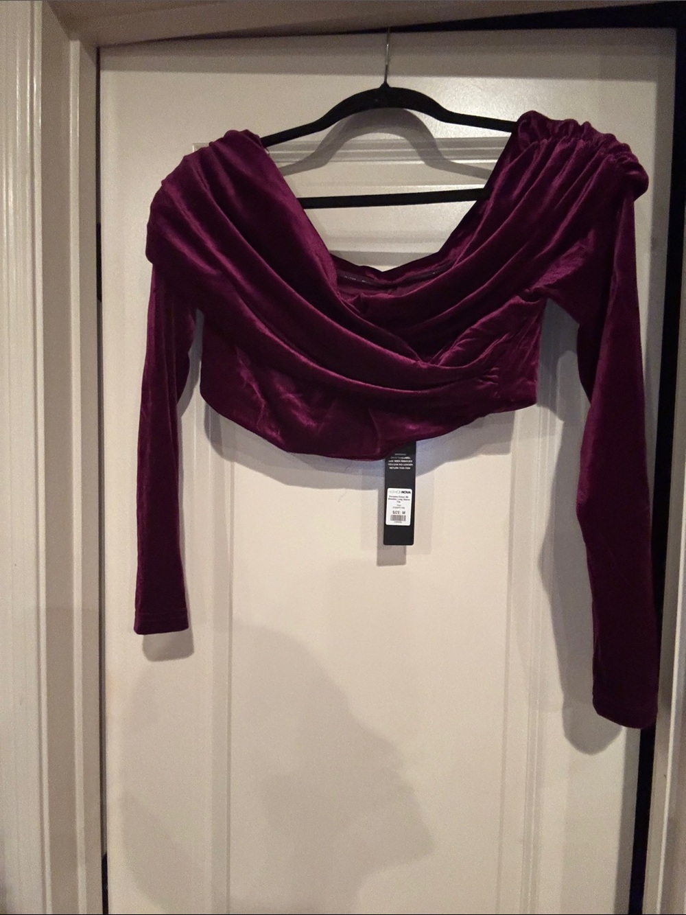 Fashion Nova Plum Velvet Draped Off-Shoulder Long Sleeve Crop Top